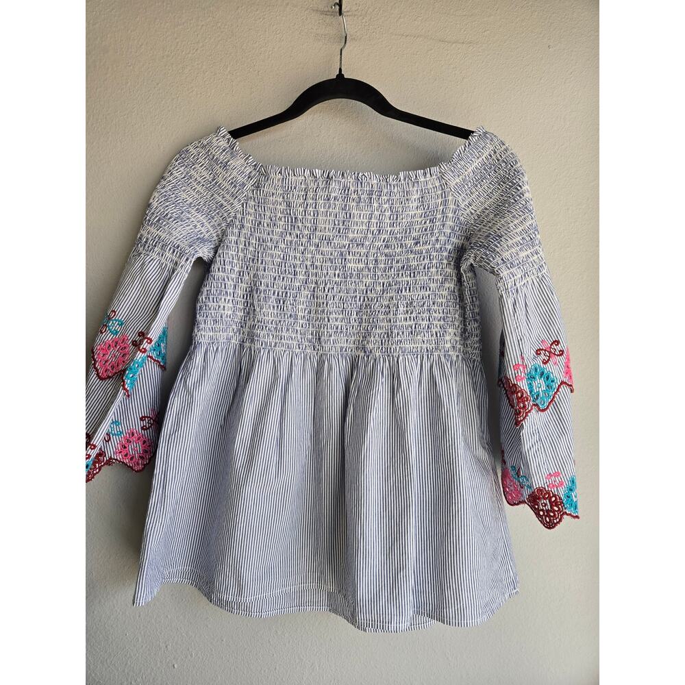 LOFT‎ Boho Embroidered Smocked Off The Shoulder Pinstripe Peasant Top S - Picture 7 of 9